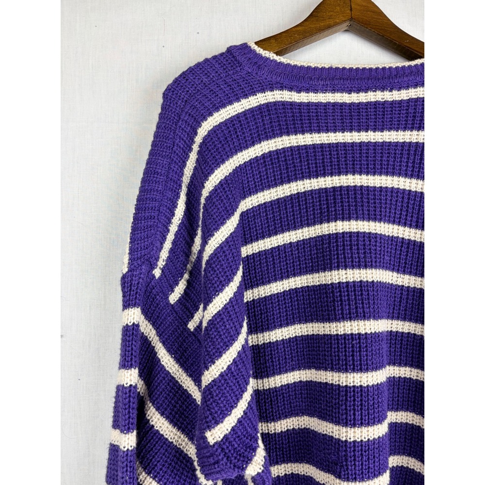 Chaus Sport L Purple White Striped Oversized Chunky Knit Crewneck Sweater - Picture 9 of 14